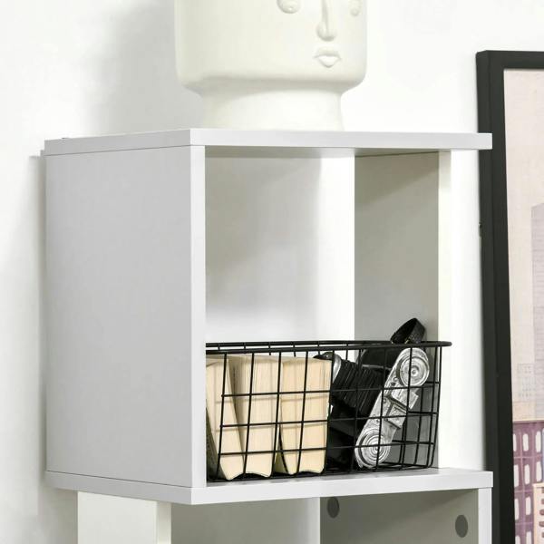White and light grey bookshelf shelf with open cubby and wire storage basket.