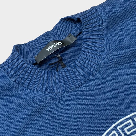 Versace Medusa Head Embroidered Knit Sweater Blue