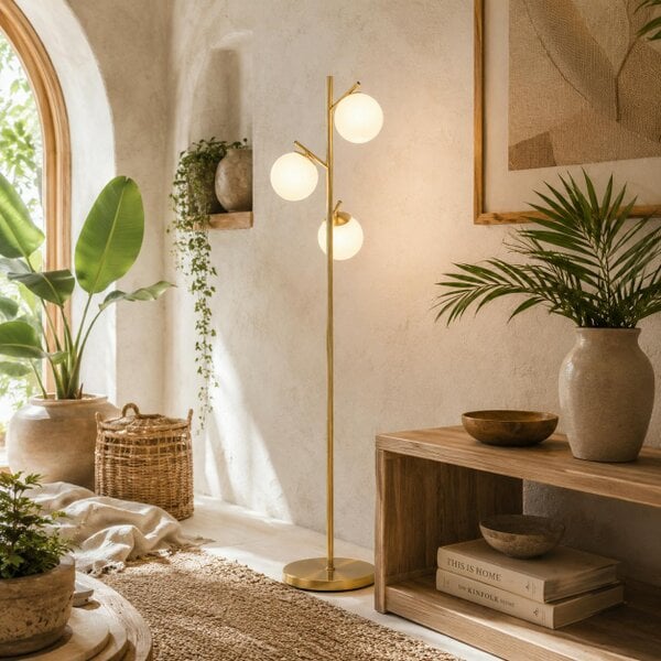 Wyld Haus Lidi Metal Gold Tone 3 Light Tree Floor Lamp With Globe Shades Adjustable Colour Light