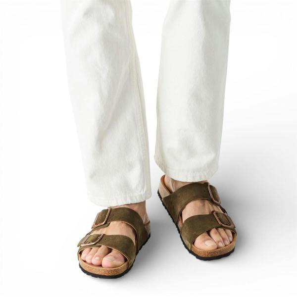 Tamaris Men's Olive Green Leather Slip-On Footbed Slipper Sandals