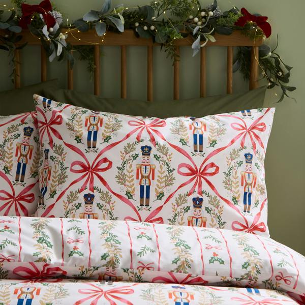 Catherine Lansfield Christmas Nutcracker Bows Reversible Duvet Cover Set Natural
