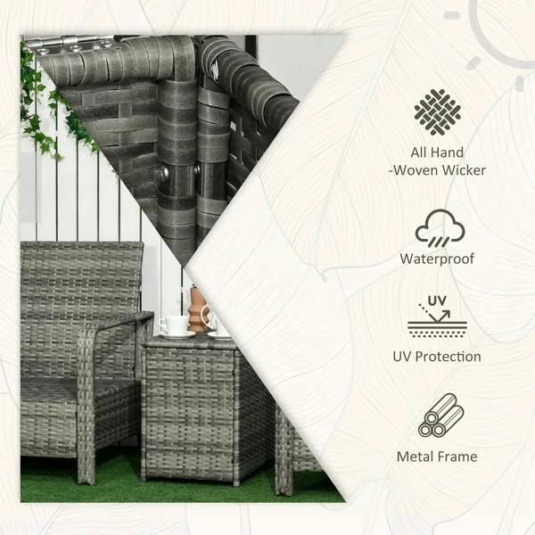 Gray resin wicker storage table and chair in a weather-ready outdoor set with woven texture