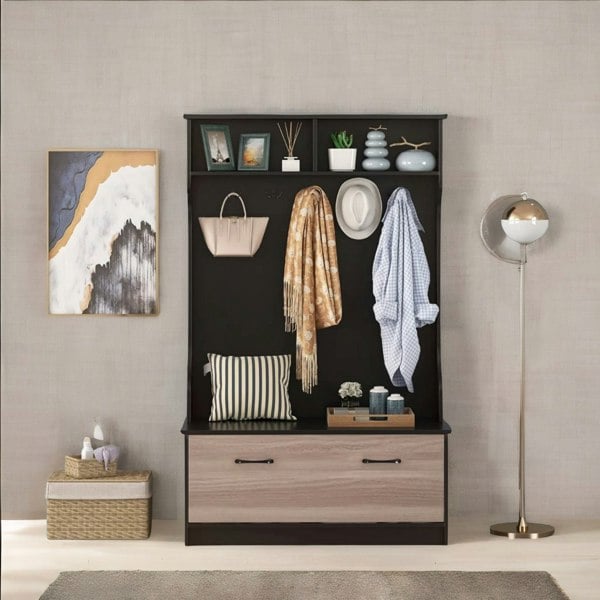 Rafaelo Mobilia 160CM Tall Hall Tree Coat Stand With Shoe Rack And Storage Shelves Black