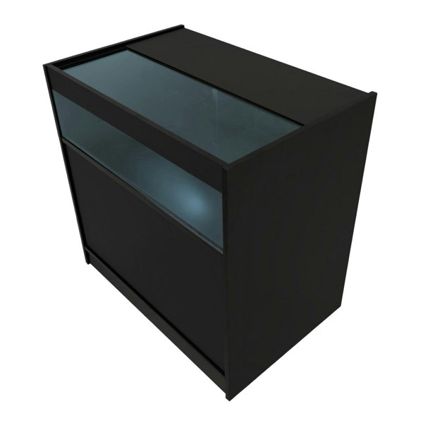 Sleek black LED retail shop counter B900 with a glass top and illuminated display area, perfect for showcasing products