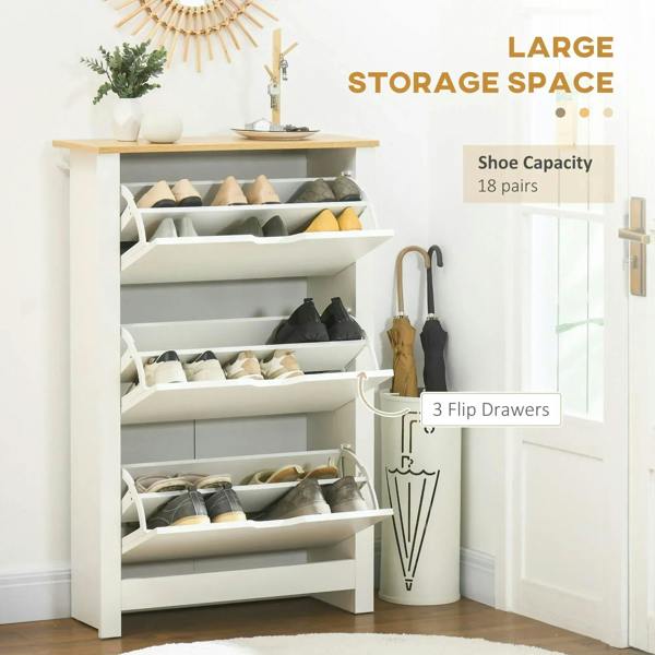 White shoe cabinet with open storage shelves and 3 flip drawers