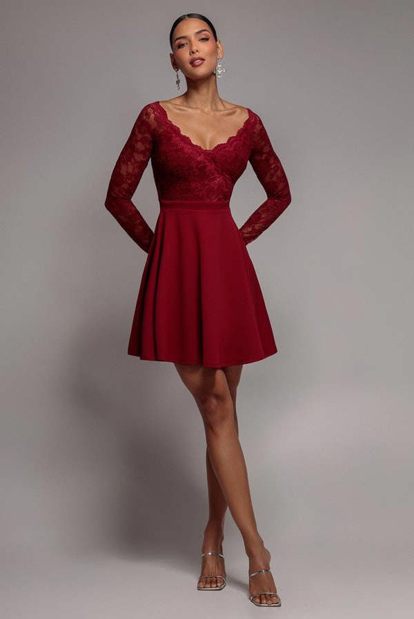 Off The Shoulder Lace Skater Mini Dress - Wine DR2563C