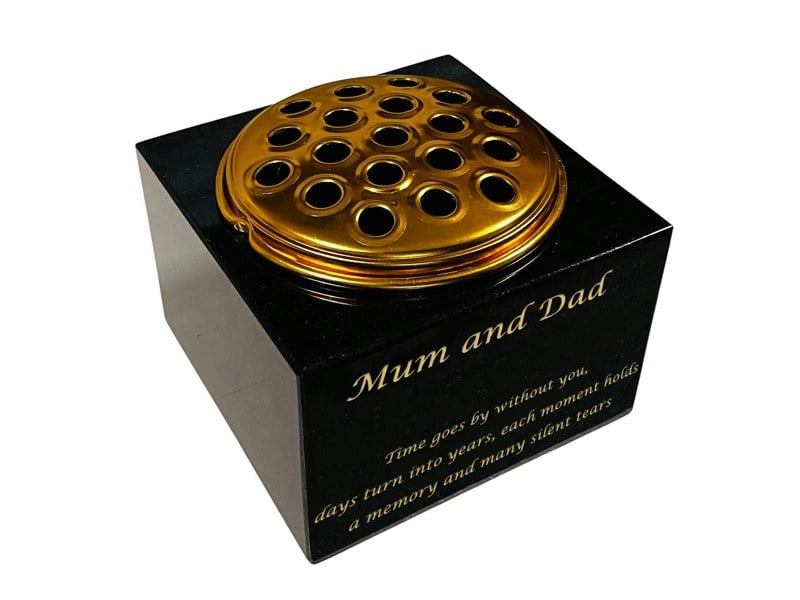 Memorials Direct Granite Rectangle-Shaped Memorial Vase, Premium Black with Gold Metal Flower Pot Insert- 6x6x4 Inches