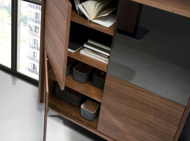 Angel Cerdá Mirror Effect Black Glass, Walnut and Black Steel Tall Sideboard 3059