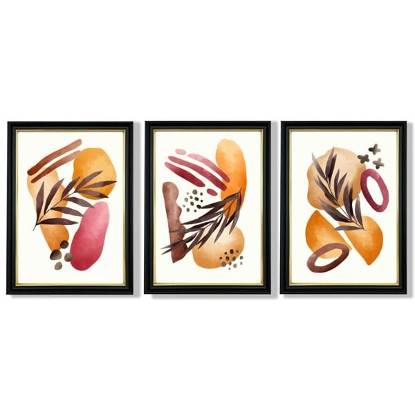 Abstract Autumn Tropical Set of 3 Framed Art Prints with Vermeer Black and Gold Frames