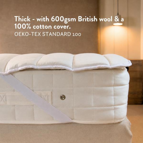 Thick with 600gsm British wool. Natural 100% British Wool Mattress Topper thick handmade in the UK 100% cotton OEKO TEX Standard 100