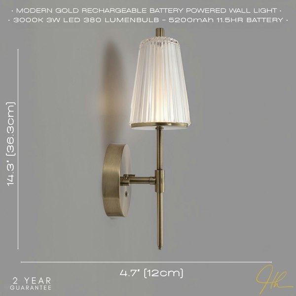 Antique Brass Wireless Rechargeable Touch Dimmer Wall Light with Ribbed Shade Image 7