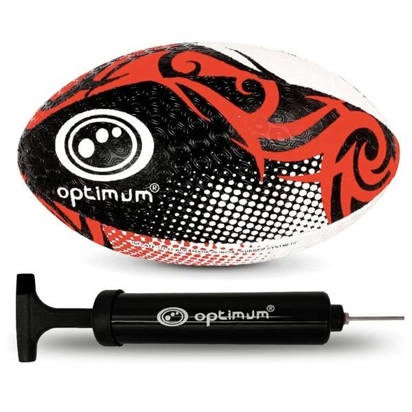 Optimum Razor Rugby Ball in Black/Red with Optimum pump