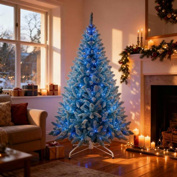 4ft to 8ft Pre-Lit Blue Flocked Christmas Trees with Blue LED Lights and Snowy Finish image 8