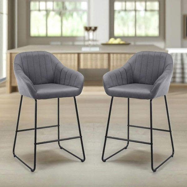 Rafaelo Mobilia 2PC Bar Stools Set With Backrest And Footrest Grey