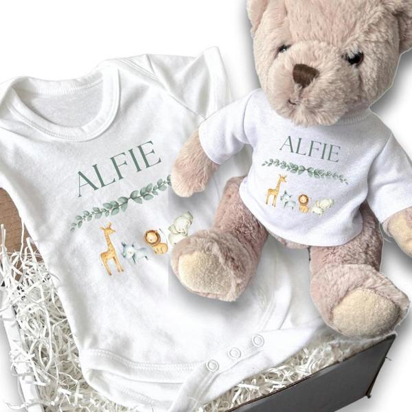 Personalised Zoo Animals Gift Hamper Baby Gift Box - Teddy & Vest
