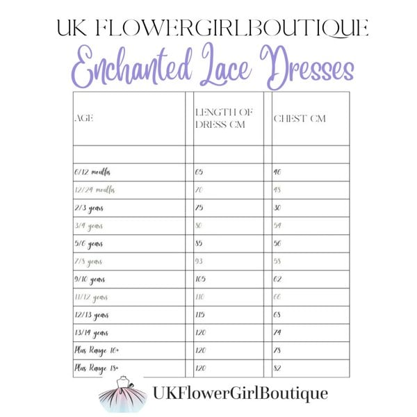 Measurement chart for Enchanted Lace Dresses by UK FlowerGirlBoutique