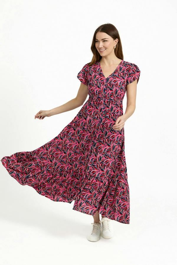 Mudflower Leaf Print Flared Button-Up Midi Dress