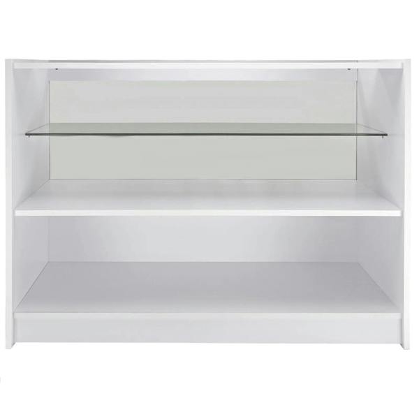 C1200 retail shop counter in brilliant white, featuring a sleek design with two spacious shelves and a glass display top