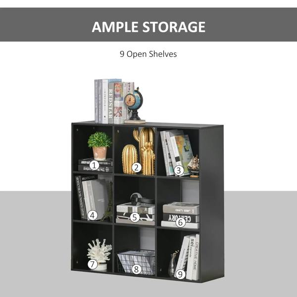 Black 3x3 cube storage cabinet with nine open shelves for books and decor