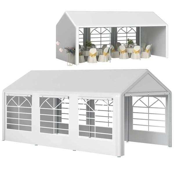 White outdoor gazebo shelter with clear window panels and gabled roof, open side