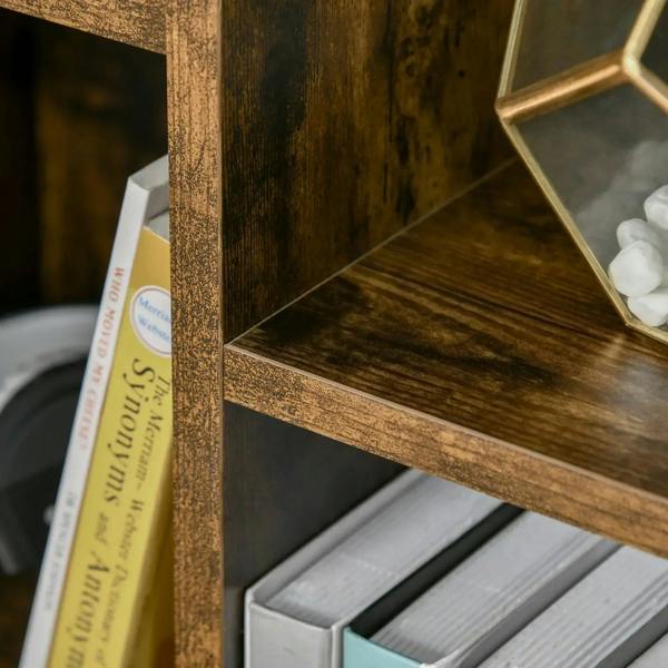 Rustic brown open shelf interior with divider, showing wood texture and edge