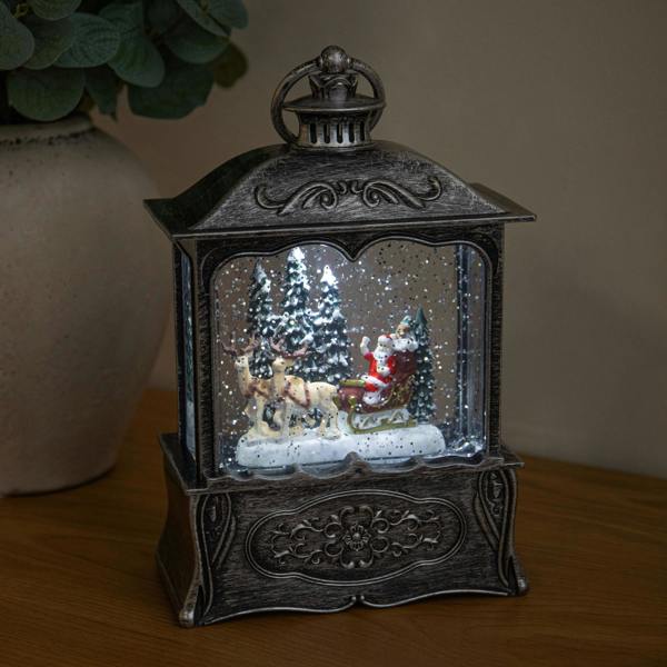 Samuel Alexander 22cm Dual Powered Silver Santa Sleigh Christmas Water Spinner Lantern