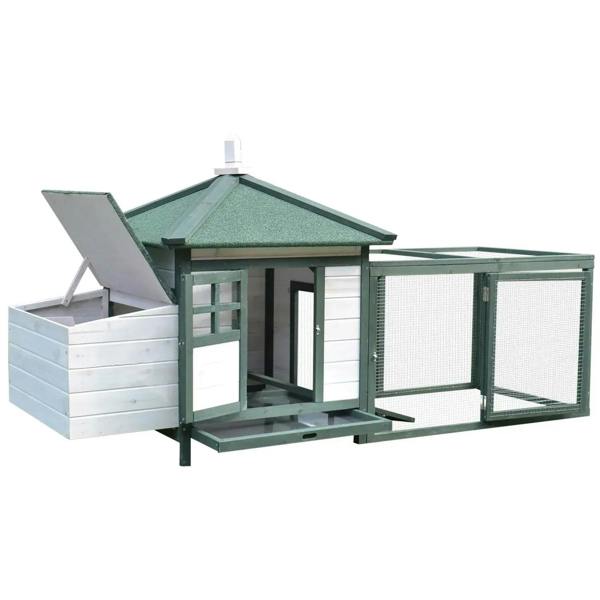Green and white chicken coop with nesting box and enclosed mesh run, side view