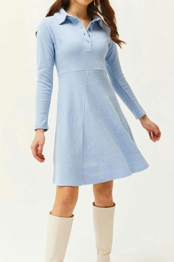 Hoxton Gal Polo Collar Buttoned Mini Flared Dress