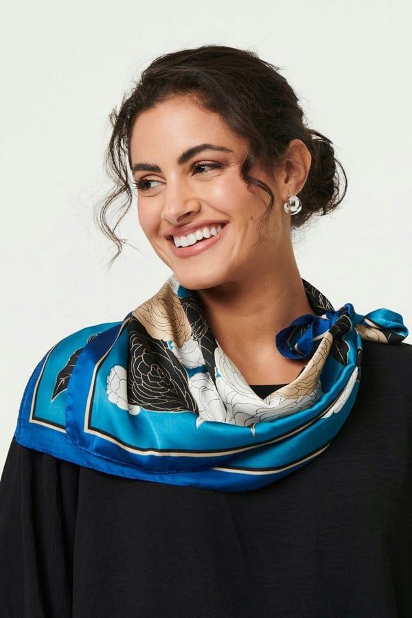 Blue | Floral Border Print Satin Square Scarf
