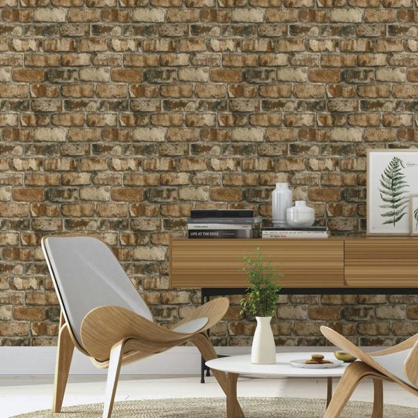 Rasch x Tesa Clayton Rustic Industrial Brick Self Adhesive Peel and Stick Textured Wallpaper, Brown