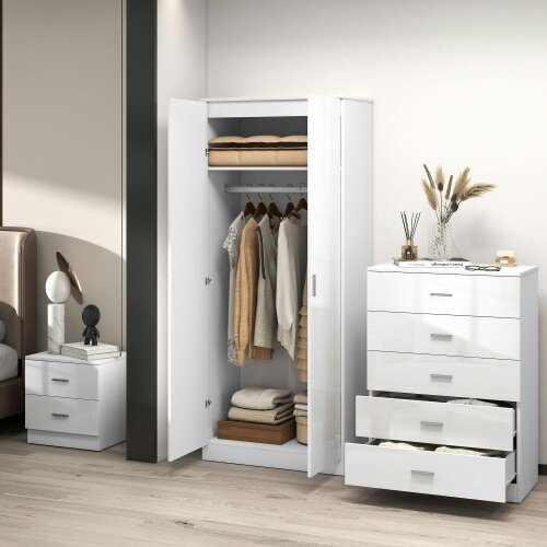 Wyld Haus Belatera High Gloss White 3 Piece Bedroom Furniture Set Wardrobe Chest of Drawers And Bedside Table