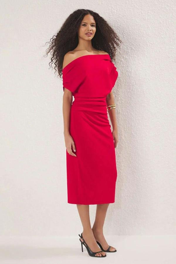 Hoxton Gal Midi Knit Dress with Ruched/Draped Detail