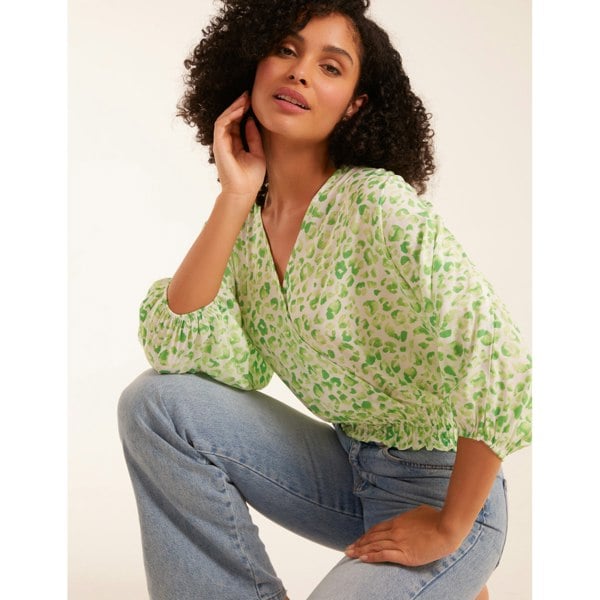 Blue Vanilla Leopard Print Elasticated Sleeve Wrap Front Elastic Hem Top