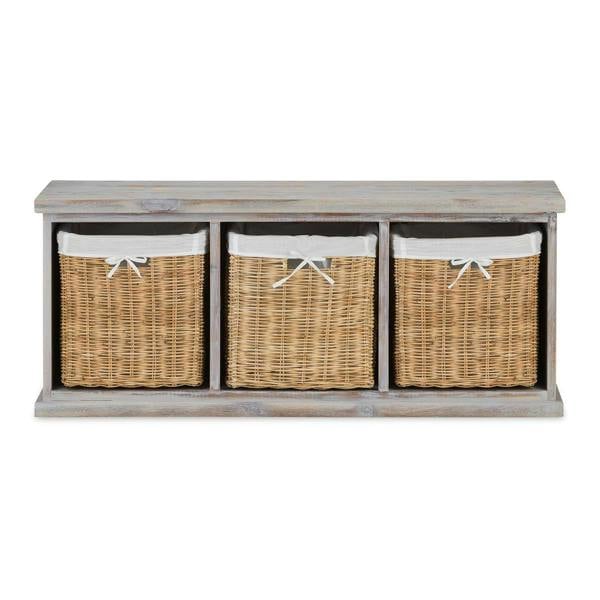 Statement Furniture Tetbury Acacia Hallway Bench with Natural Wicker Storage Baskets