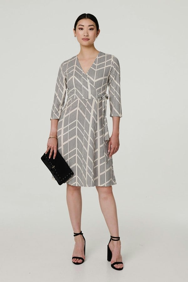 Cream | Printed 3/4 Sleeve Knee Length Wrap Dress : Model is 5'9"/175 cm and wears UK8/EU36/US4/AUS8
