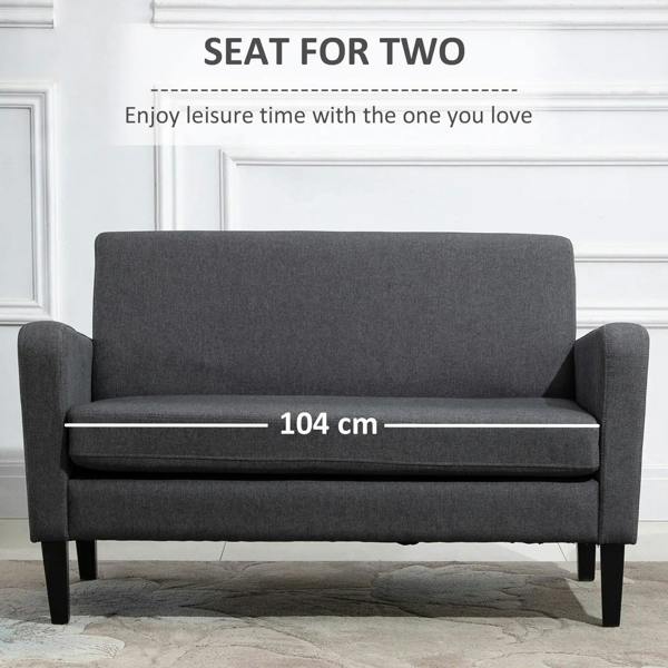 Charcoal grey two-seat sofa with thick seat cushion and tall backrest