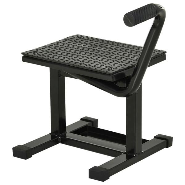 Black steel motorbike jack lift with textured grid platform and curved handle