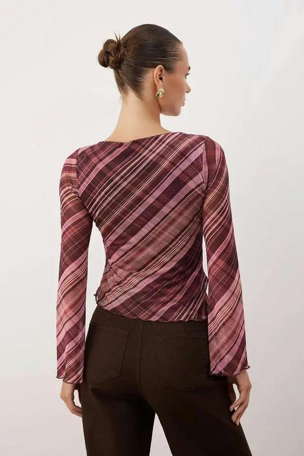 WOVCOR Shawl Print Boat Neck Asymmetric Detail Fitted Long Sleeve Mesh Blouse