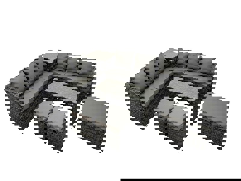 Fimous Garden Rattan Outdoor Furniture Set 9 Seater Patio Corner Sofa Oblong Coffee Table with 3 Stool Side Table Dark Grey