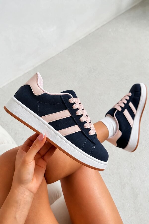 Love Lemonade Classic Faux Suede Lace-Up Stripe Trainers Navy