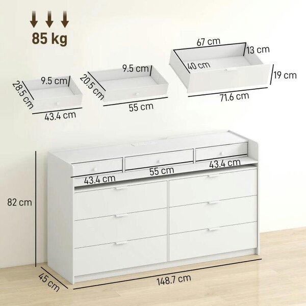 Chest of Drawers for Bedroom with LED Light & Charging Station, 9 Drawers Storage Unit/TV Stand, White