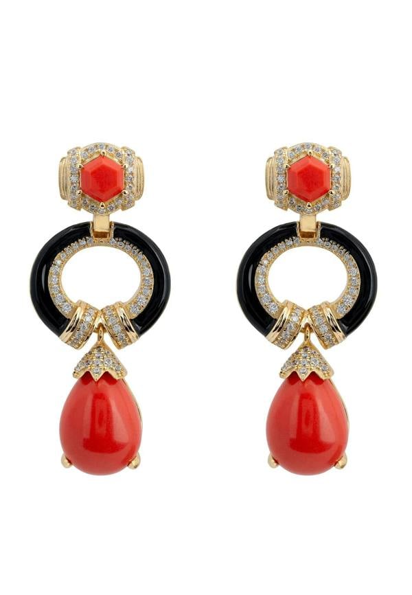 Red, black and gold art deco drop earrings.