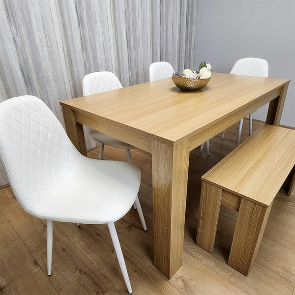Kosy Koala Wooden Dining Table Set for 6 Oak Effect Table With 4 White Gem Patterned  Chairs and 1 Bench