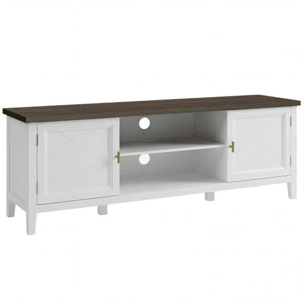 TV Unit for TVs up to 42 Inch, Farmhouse Entertainment Centre with 2 Open Shelves, 2 Cabinets and Thick Top