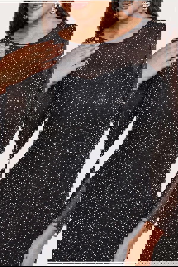 Hotfix Diamante Mesh A-Line Long Sleeve Maxi Dress - Black DR4365PLUS