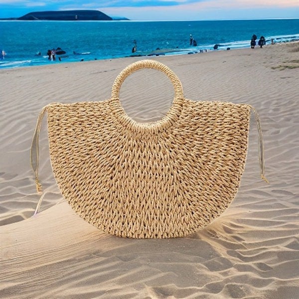 Stylish Summer Handbag for Women, Straw Tote with Pom Pom Accents, Casual Vacation Handbag, Straw Beach Bag