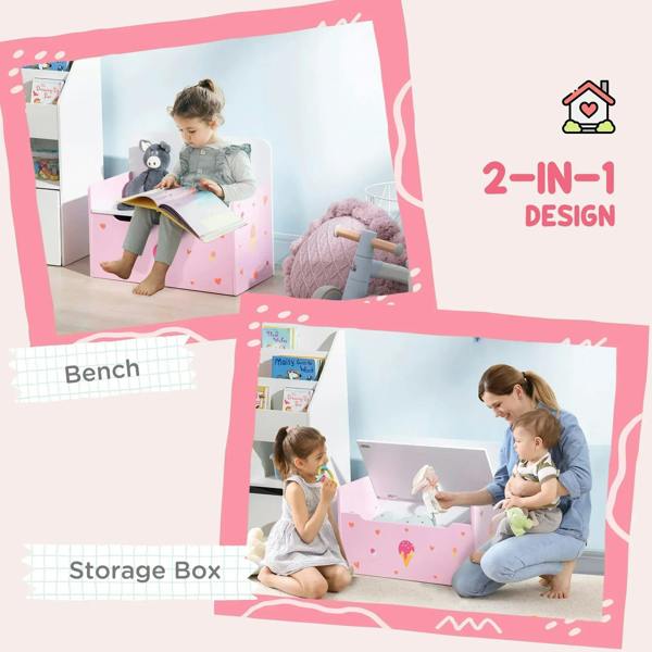 Pink 2-in-1 kids bench and storage box with open lid for seating or toy storage