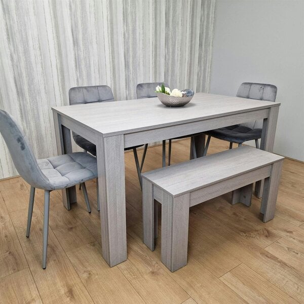 Kosy Koala Modern Grey Rectangle Dining Table Set With 4 Grey Velvet Chairs And 1 Grey Bench Dining Room Furniture
