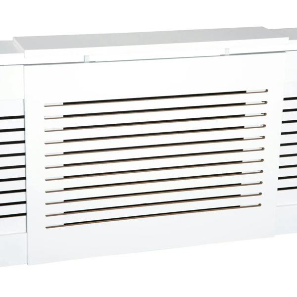 White radiator cover front panel with dense horizontal slat vents and slim trim edges