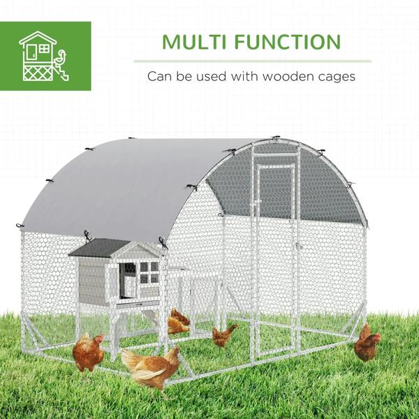 Chicken coop run with arched mesh walls and grey cover top over grass